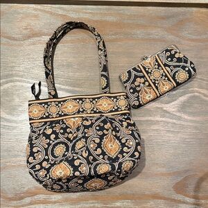 Vera Bradley Black and Gold Paisley Shoulder Bag with Matching Wallet